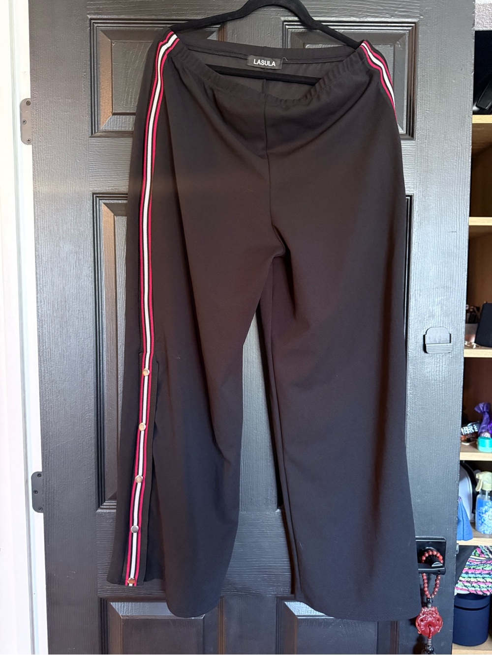 Black Track Pants with Red Stripe Detail